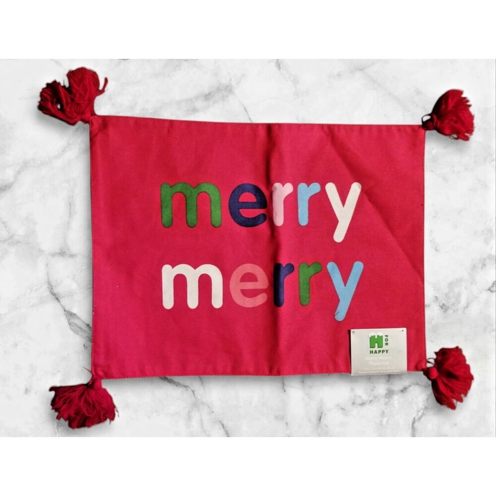 Merry Merry Holiday Placemat Set of 4 Red Tassel Corners New Tags 14" X 19"